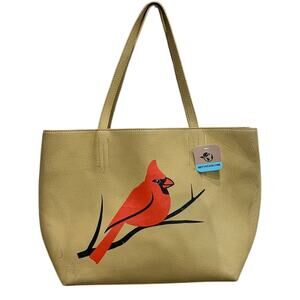 Hand Printed Upcycled Merona Red Cardinal Tan Faux Leather Shoulder Bag Purse
